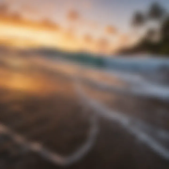 Surfboard with vibrant tropical sunset in the background