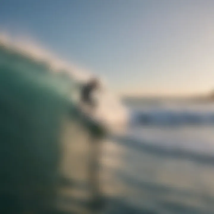 A scenic view of a popular surfing spot in Florida with surfers catching waves