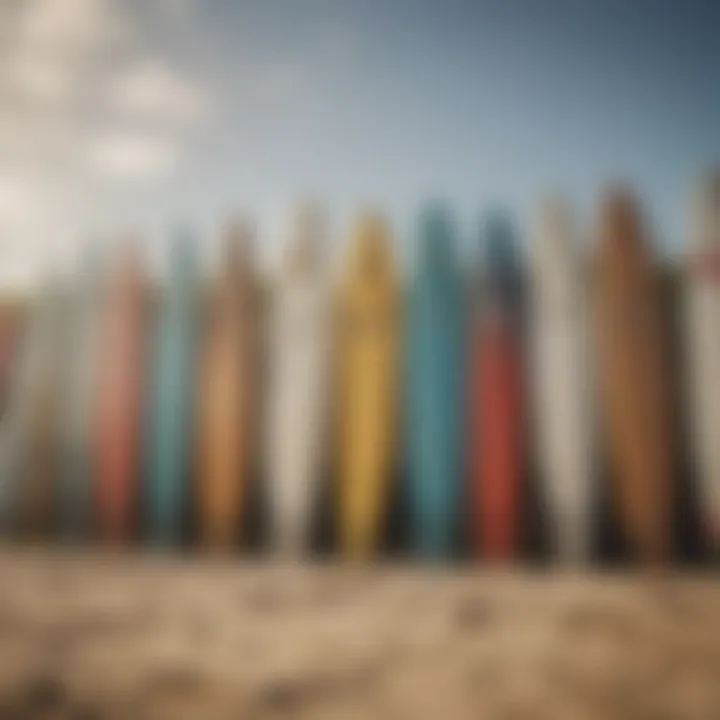 An array of surfboards lined up on the beach, showcasing different styles