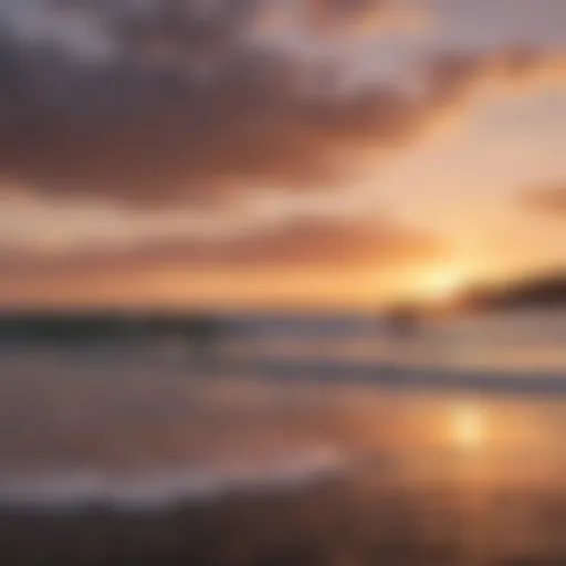 A breathtaking view of surfers riding waves at Montezuma beach during sunset