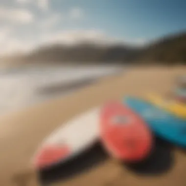 Surfboards lined up on the sandy beach, ready for an exhilarating day of surfing.