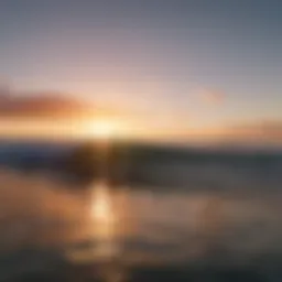 A breathtaking sunset over the Pacific Ocean with surfers catching waves