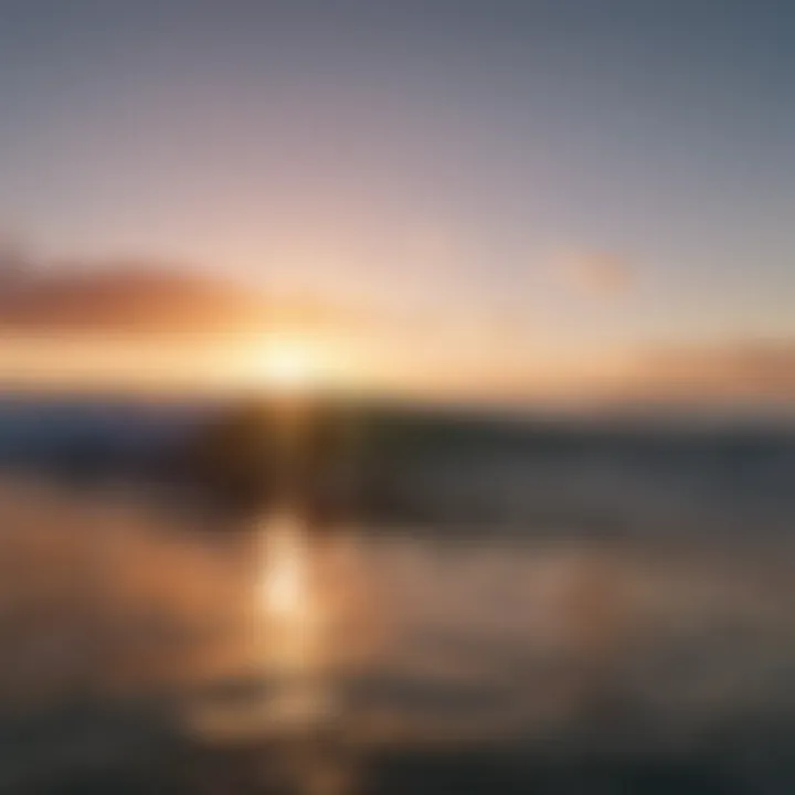 A breathtaking sunset over the Pacific Ocean with surfers catching waves