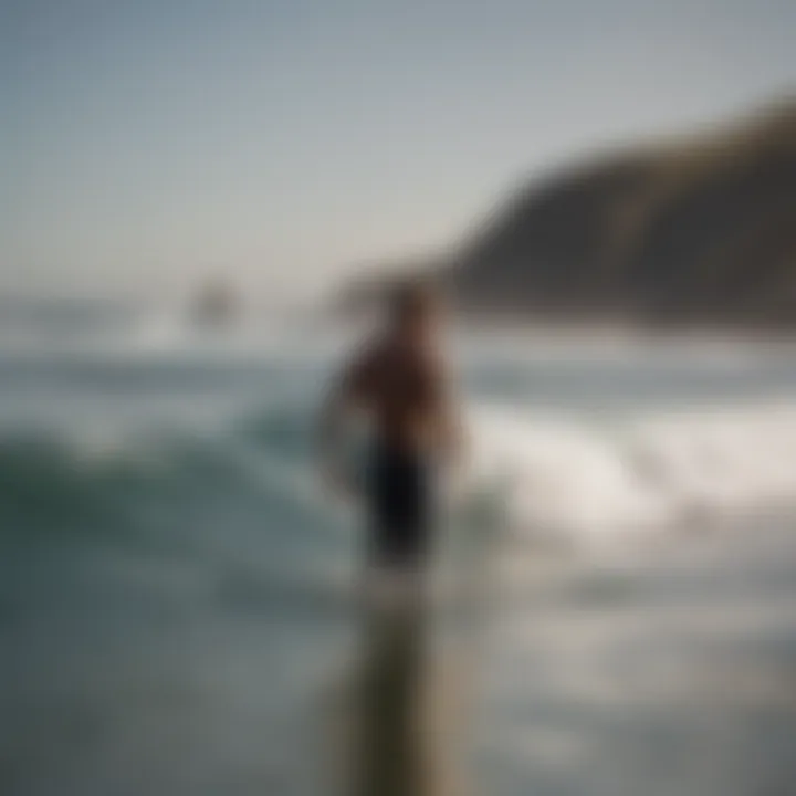 A serene moment of a surfer contemplating the ocean before paddling out