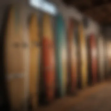 An intricate display of vintage surfboards representing the history of surfing