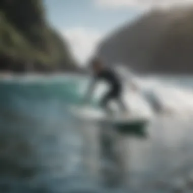 Beginner surfer learning to balance on surfboard