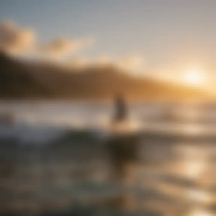 Sunset view of surfers at North Shore Oahu