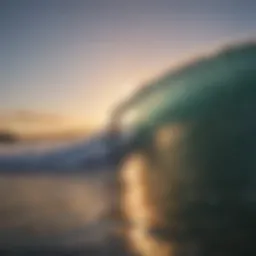 Surfer riding a powerful wave at sunset