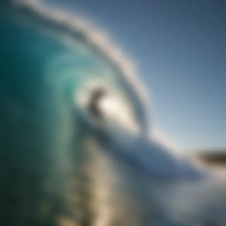 Surfer carving through a crystal-clear wave with a rainbow in the sky