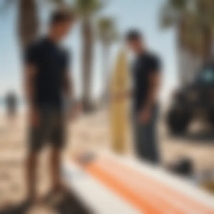 Surfer checking out surfboard equipment in San Diego