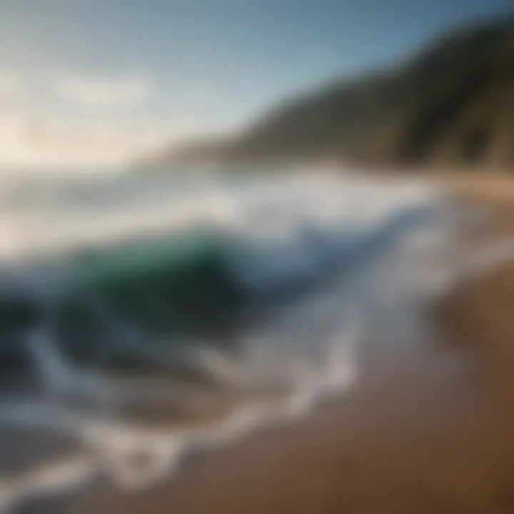 Surfboard standing on the shore with waves crashing in the background