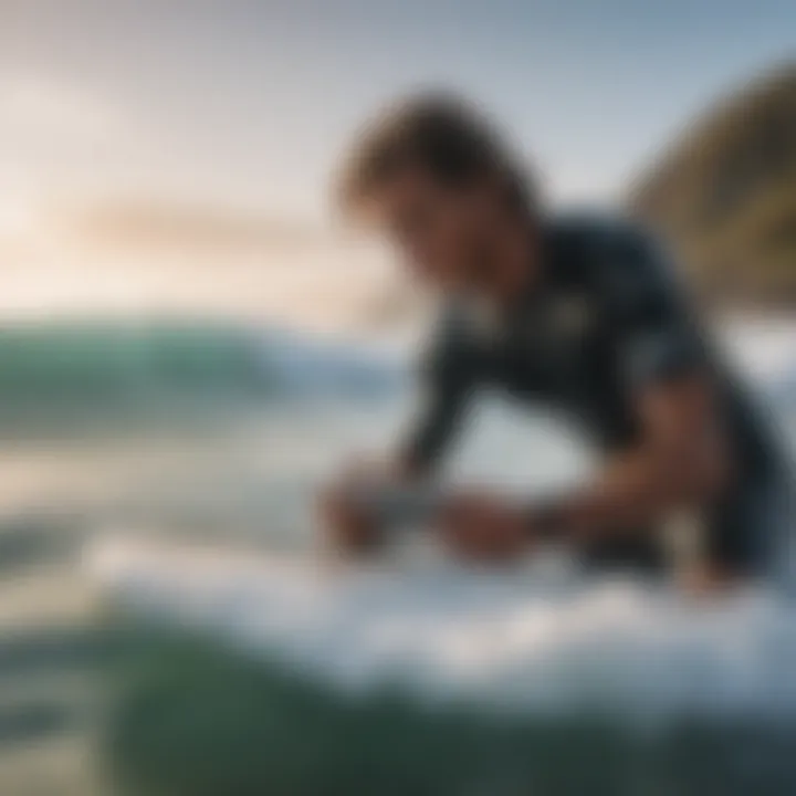 A surfer analyzing swell data on a mobile device before hitting the waves