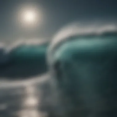 Surfboarder gliding through an evening wave under a full moon