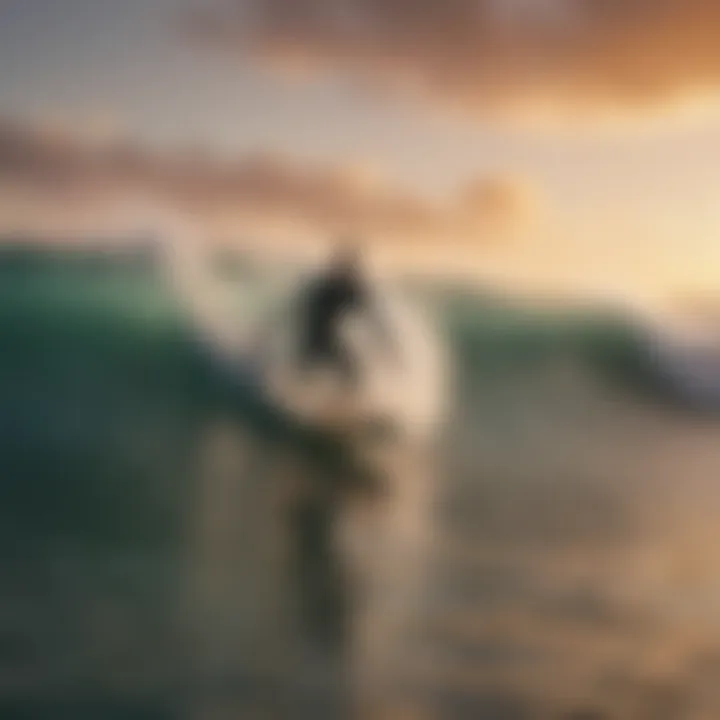 Surfboarder catching a wave during a chilly sunrise