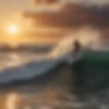 Surfboarder navigating through waves under a warm sunset