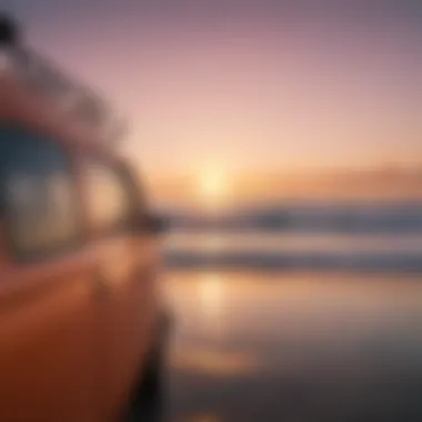 Surfer admiring the sunset from the side door of a Thalia surf van