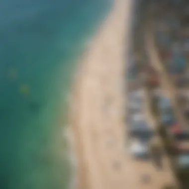 An aerial view of a vibrant kiting community enjoying a light wind day