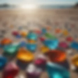 A vibrant beach covered in colorful glass shards glistening under the sun