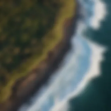 An aerial view showcasing the coastline and surf conditions