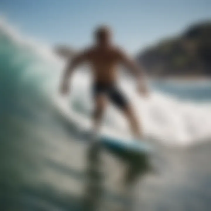 Surfer confidently riding a wave wearing stylish boardshorts