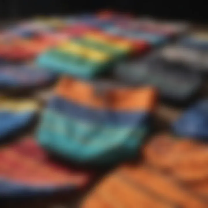 Diverse assortment of vibrant boardshorts displayed on a wooden surface