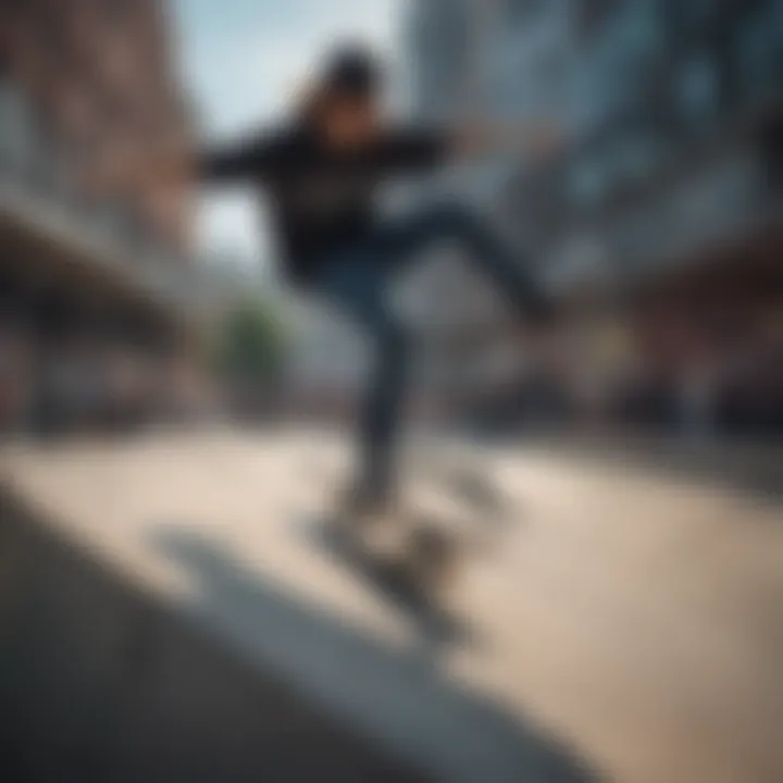 A skateboarder performing a dynamic trick in an urban skate park.