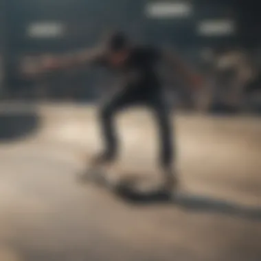 A skater performing a grind on a rail at a skatepark.