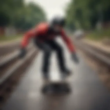 A skater in protective gear preparing to approach a rail.