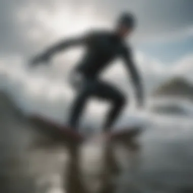 Surfer wearing boots and gloves in challenging waves