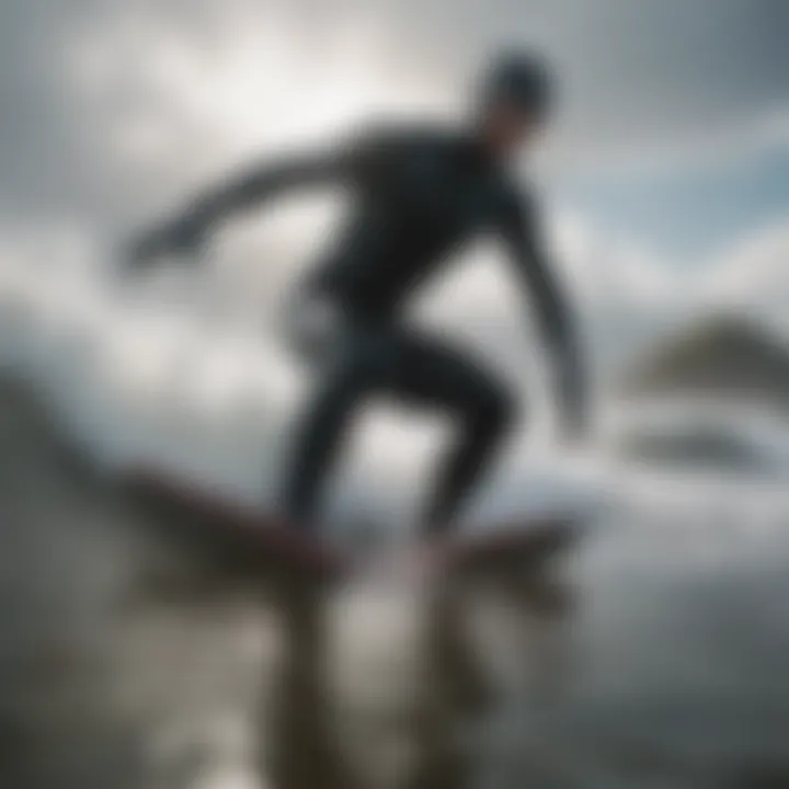 Surfer wearing boots and gloves in challenging waves