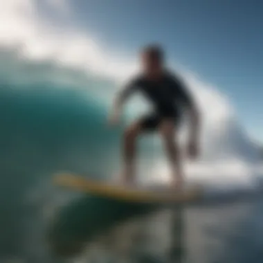 A surfer demonstrating the use of stomp pads while catching a wave.