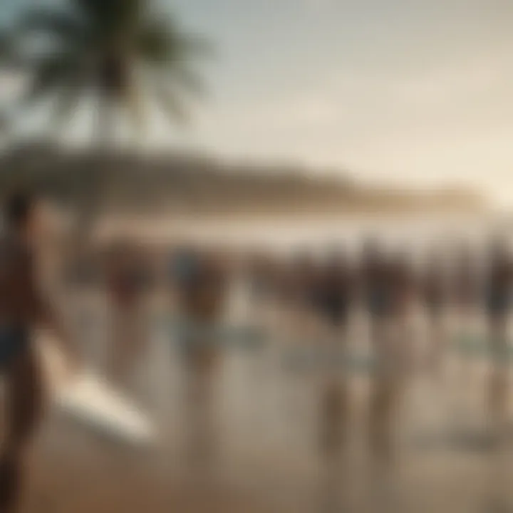 A group of diverse surfers celebrating at a beach festival