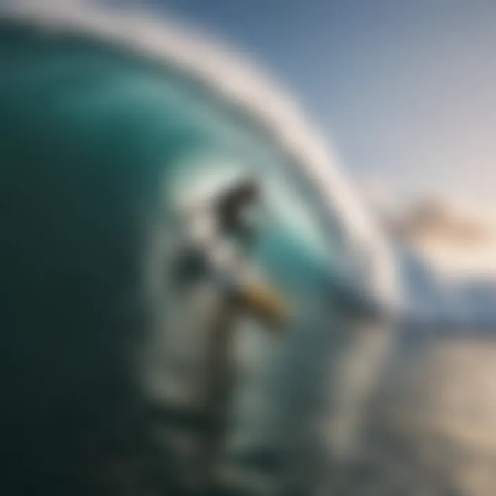 A dynamic scene of a surfer executing sharp turns on a surfboard