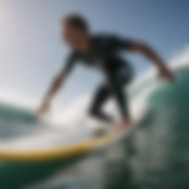 Close-up of a surfer balancing on a surfboard demonstrating stability