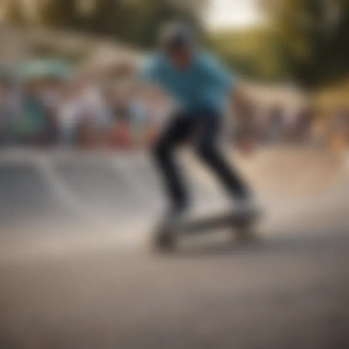 A skateboarder executing a trick at a vibrant skate park.