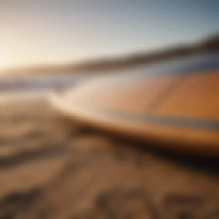 Close-up of a surfboard on the sand with the ocean in the background