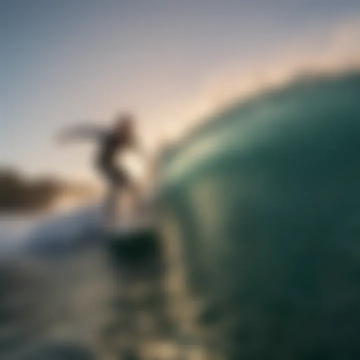 Surfer gracefully riding a wave at sunrise