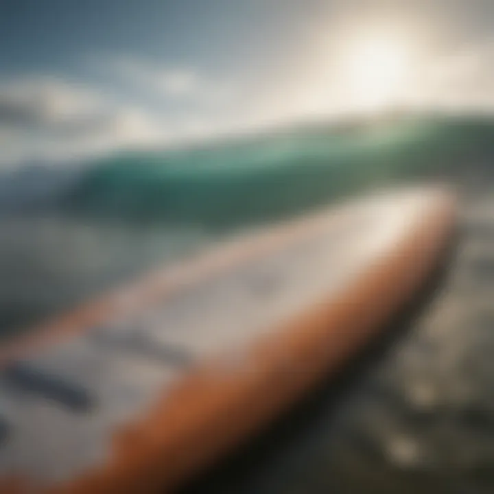 Close-up of ocean water showing contaminants with a surfboard nearby