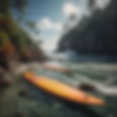 Illustration of marine life affected by ocean pollution with surfboards in the foreground