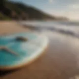 A serene surfboard resting on a beach with polluted ocean water in the background