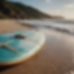 A serene surfboard resting on a beach with polluted ocean water in the background