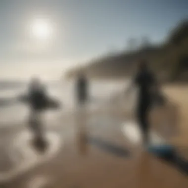 A group of surfers actively participating in a beach clean-up drive