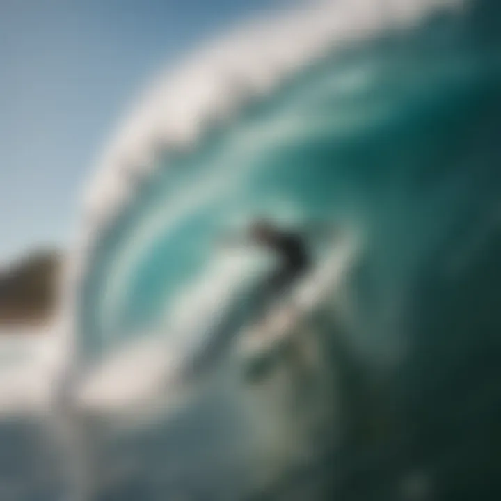 A surfer catching a wave, representing adventure, freedom, and the thrill of the surfboarding lifestyle.