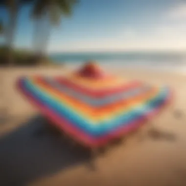 A vibrant surf poncho draped over a surfboard against a beach backdrop