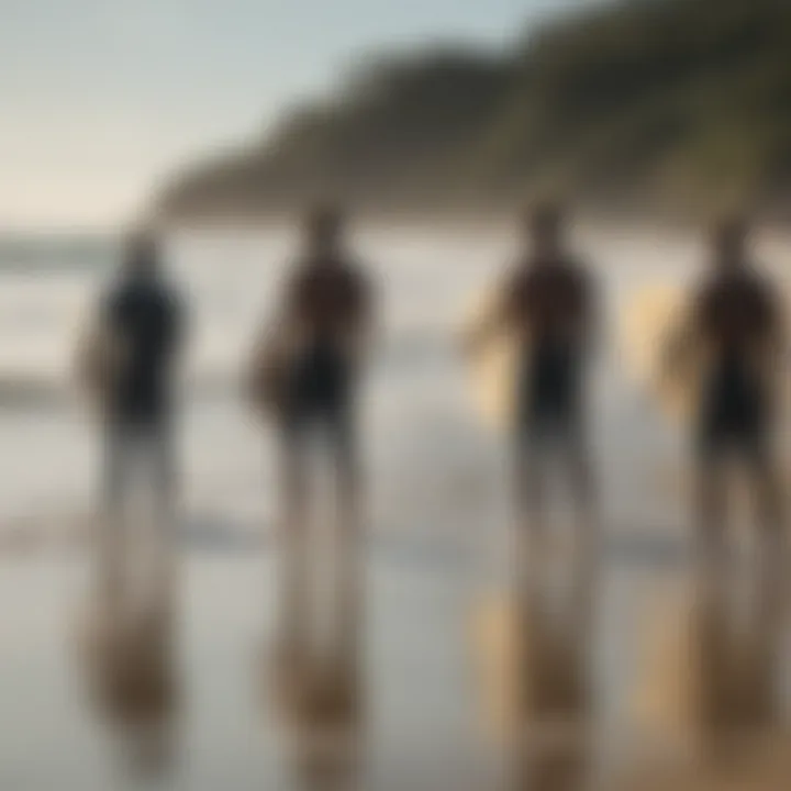 A group of surfers discussing surf conditions on the beach