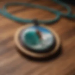 A beautifully crafted surfing necklace displayed on a wooden surface, showcasing intricate details and vibrant materials.