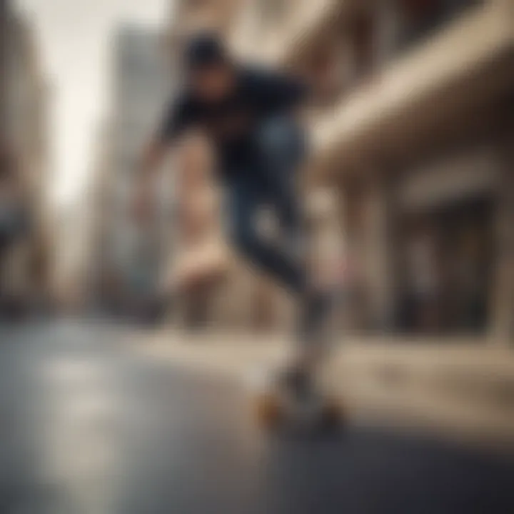 A dynamic action shot capturing a skateboarder executing a trick on a smooth urban surface.