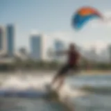 Thrilling kite surfer catching the wind against vibrant Orlando skyline