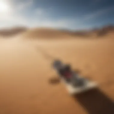 Sandboarding gear laid out on the golden desert sands of Peru