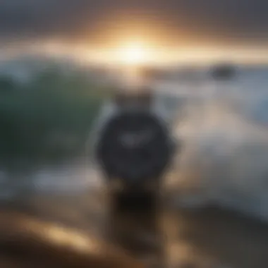 Tide graph watch against a backdrop of crashing waves